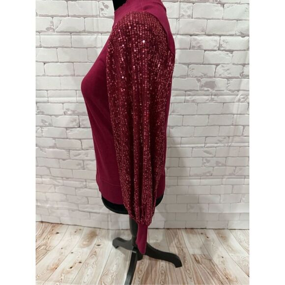 CeCe Burgundy Mock Neck Sequin Sleeve Knit Top Blouse - Picture 2 of 11